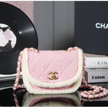 Chanel Snow Tweed Shearling Flap bag Light Pink 2024N 1207 (yezi-241207048)