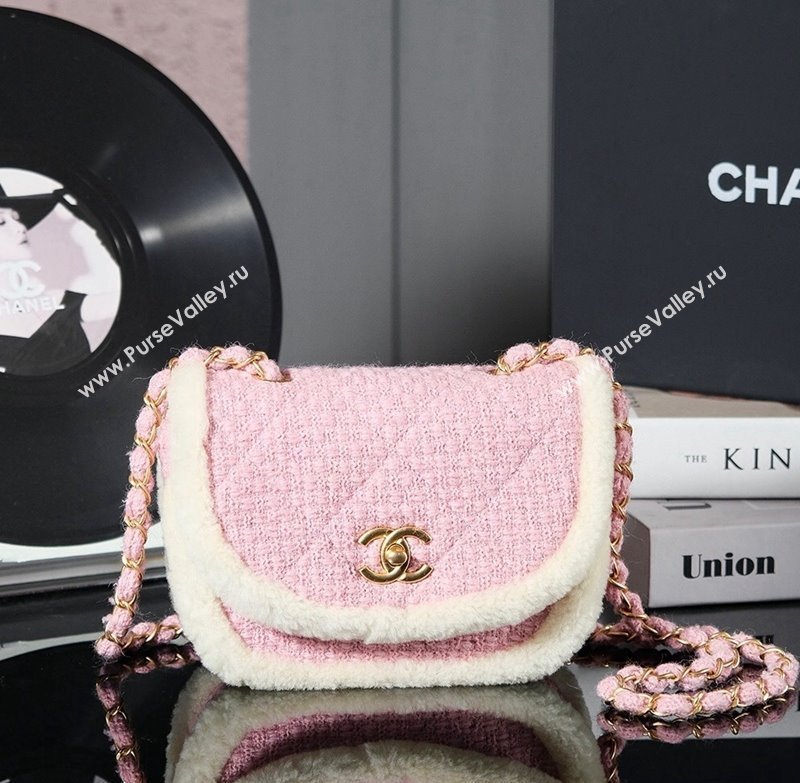 Chanel Snow Tweed Shearling Flap bag Light Pink 2024N 1207 (yezi-241207048)