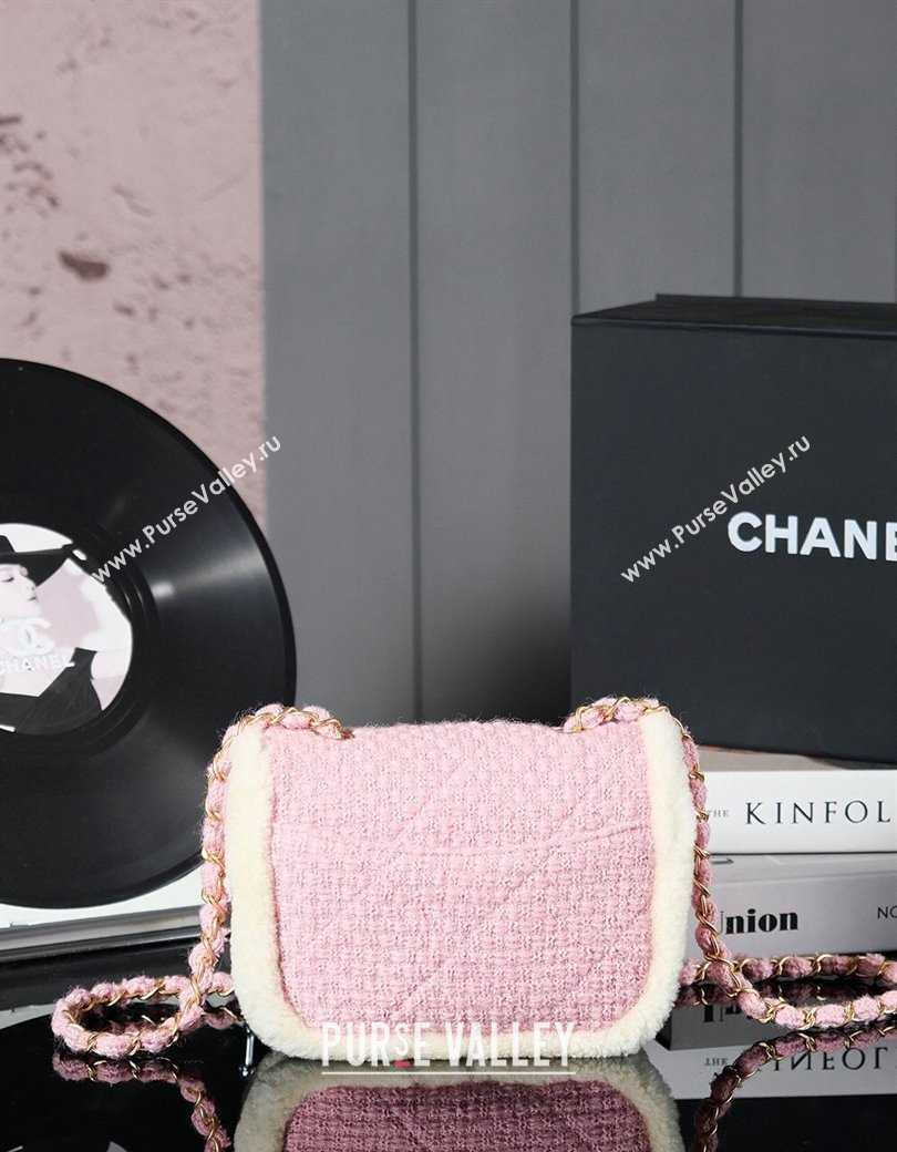 Chanel Snow Tweed Shearling Flap bag Light Pink 2024N 1207 (yezi-241207048)