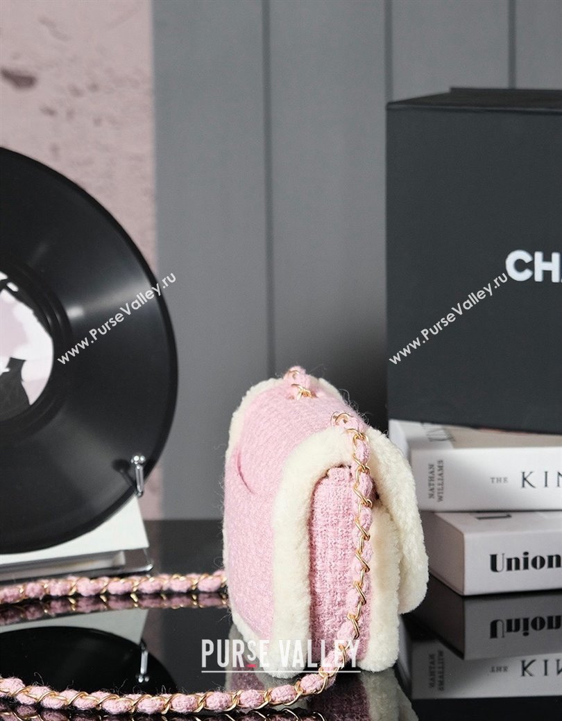 Chanel Snow Tweed Shearling Flap bag Light Pink 2024N 1207 (yezi-241207048)