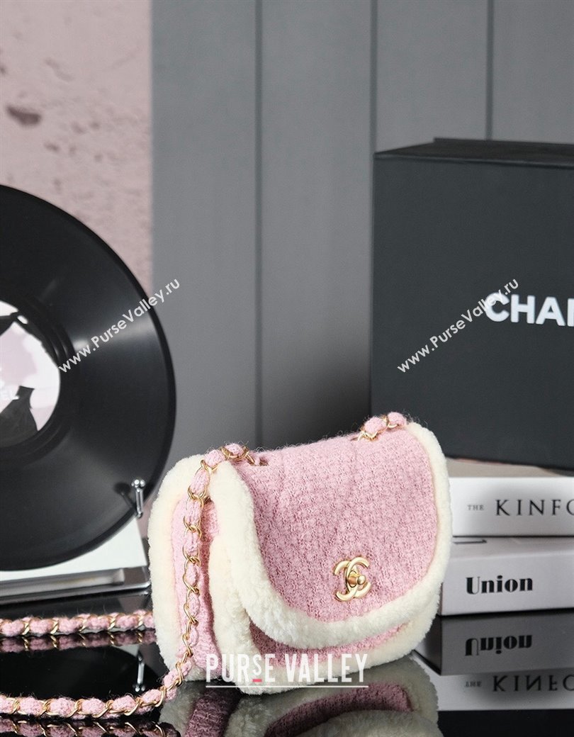 Chanel Snow Tweed Shearling Flap bag Light Pink 2024N 1207 (yezi-241207048)