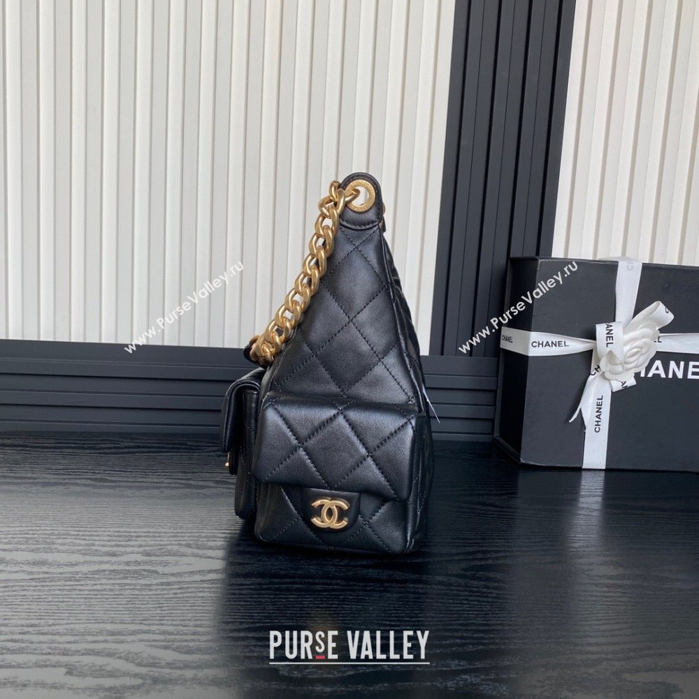 Chanel Shiny Lambskin Maxi Hobo Bag AS5302 Black 2024 1206 (yezi-241206009)