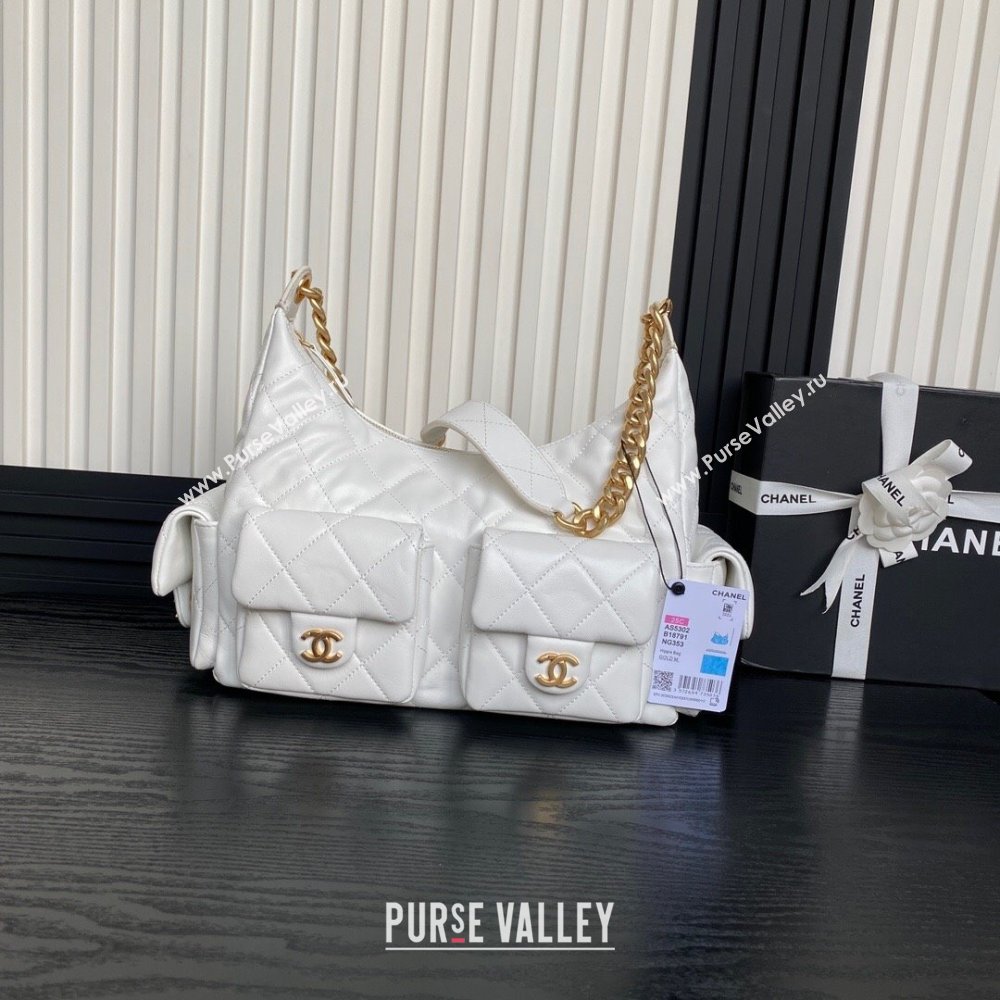 Chanel Shiny Lambskin Maxi Hobo Bag AS5302 White 2024 1206 (yezi-241206010)