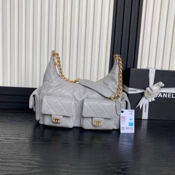 Chanel Shiny Lambskin Maxi Hobo Bag AS5302 Light Grey 2024 1206 (yezi-241206012)