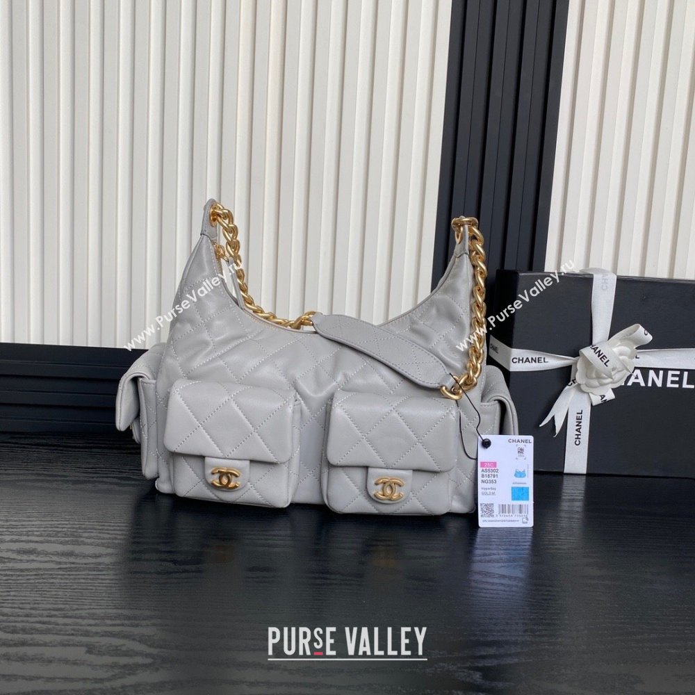 Chanel Shiny Lambskin Maxi Hobo Bag AS5302 Light Grey 2024 1206 (yezi-241206012)