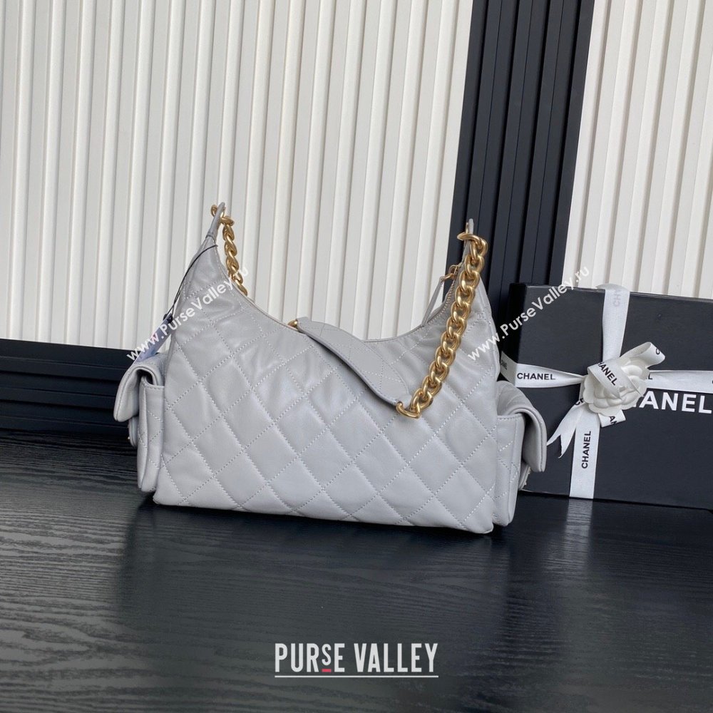 Chanel Shiny Lambskin Maxi Hobo Bag AS5302 Light Grey 2024 1206 (yezi-241206012)