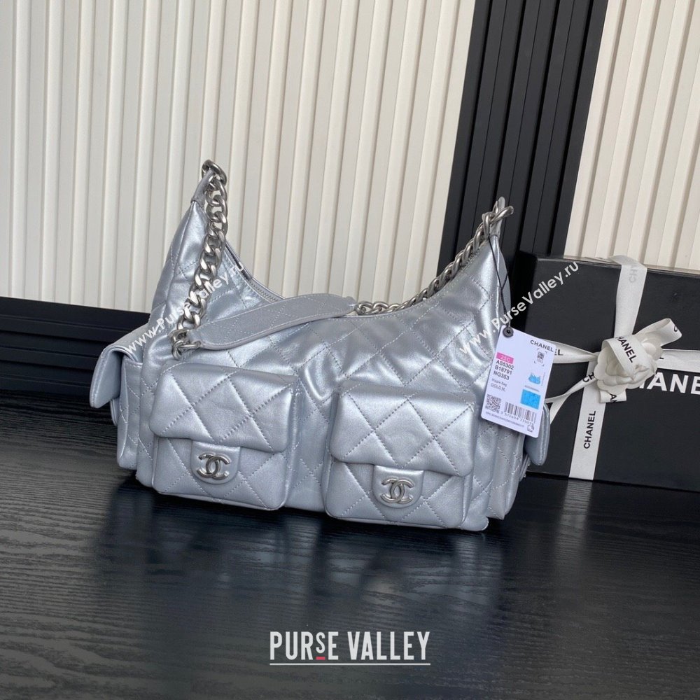 Chanel Shiny Lambskin Maxi Hobo Bag AS5302 Silver 2024 1206 (yezi-241207069)