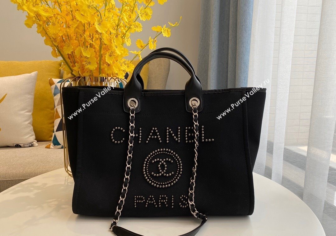 Chanel Deauville Mixed Fibers Calfskin Large Shopping Bag with Studs Black 2024 A66941 TOP (SM-241209030)