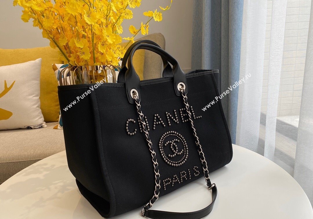 Chanel Deauville Mixed Fibers Calfskin Large Shopping Bag with Studs Black 2024 A66941 TOP (SM-241209030)