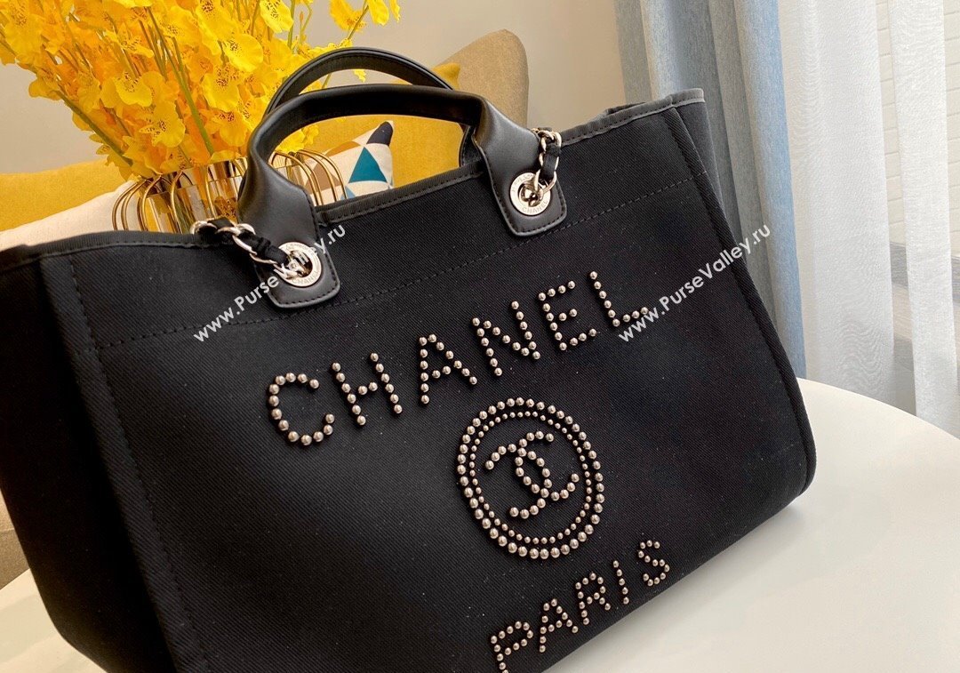 Chanel Deauville Mixed Fibers Calfskin Large Shopping Bag with Studs Black 2024 A66941 TOP (SM-241209030)