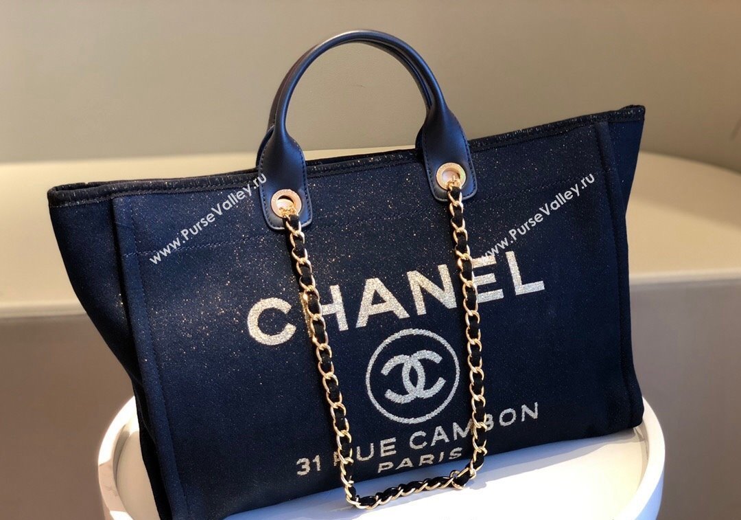 Chanel Deauville Mixed Fibers Calfskin Large Shopping Bag Navy Blue/Gold 2024 A66941 (SM-241209033)