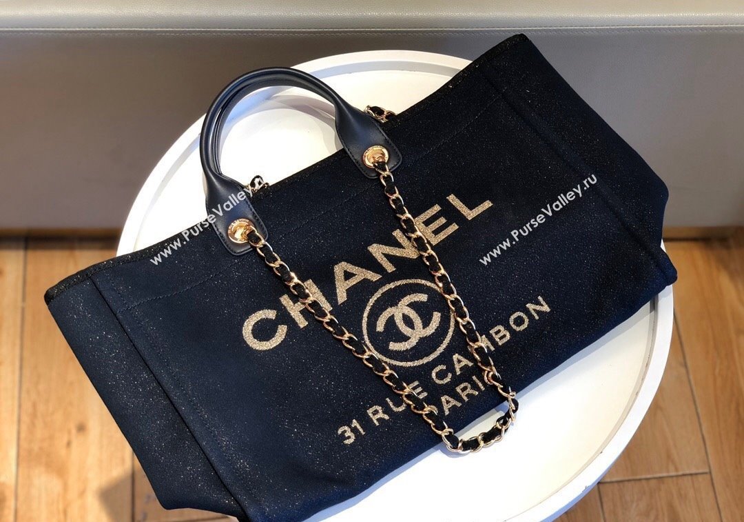 Chanel Deauville Mixed Fibers Calfskin Large Shopping Bag Navy Blue/Gold 2024 A66941 (SM-241209033)