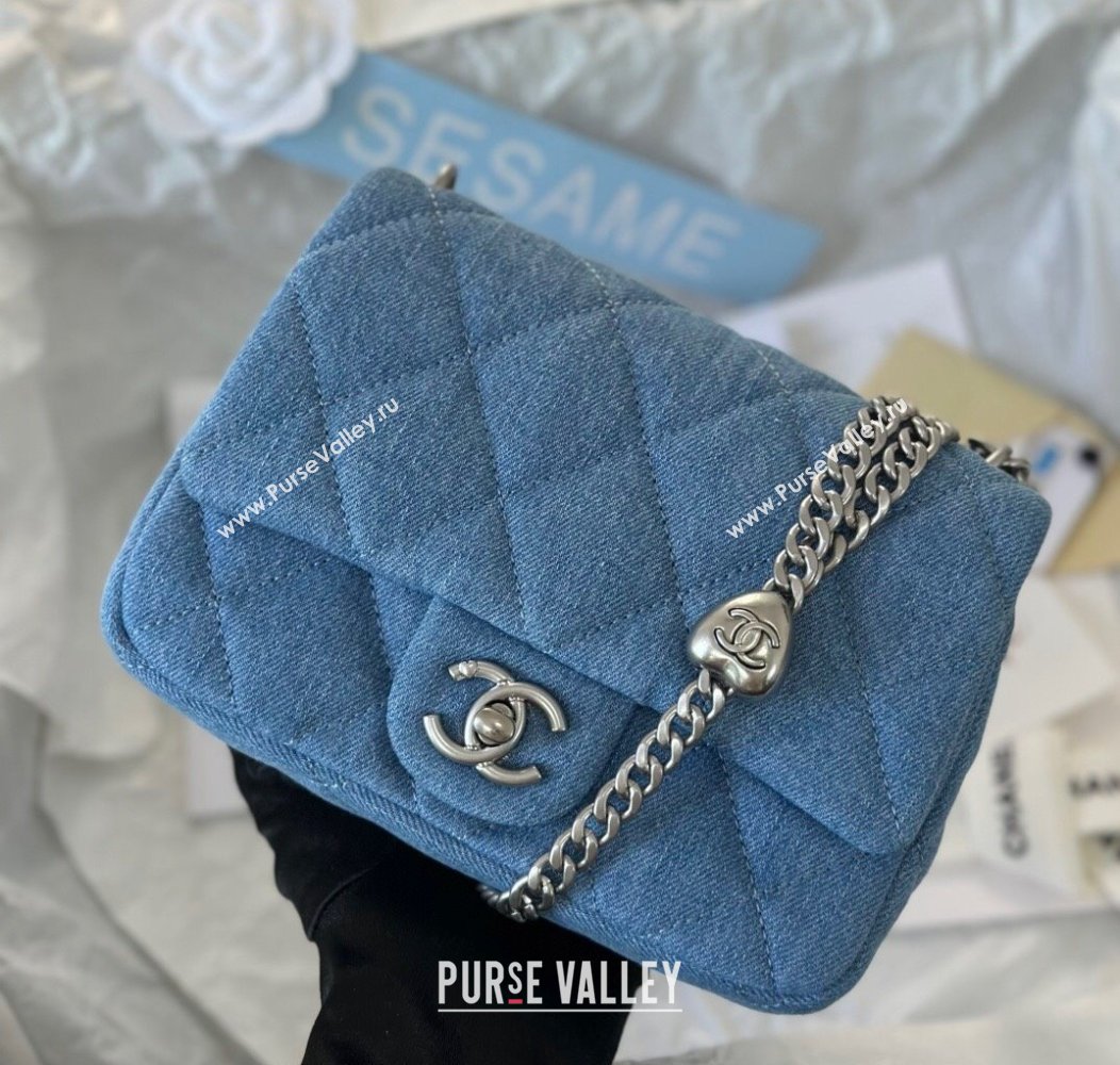 Chanel Washed Denim Mini Square Flap Bag with Heart Chain AS3829 Light Blue 2024 (SM-241209016)