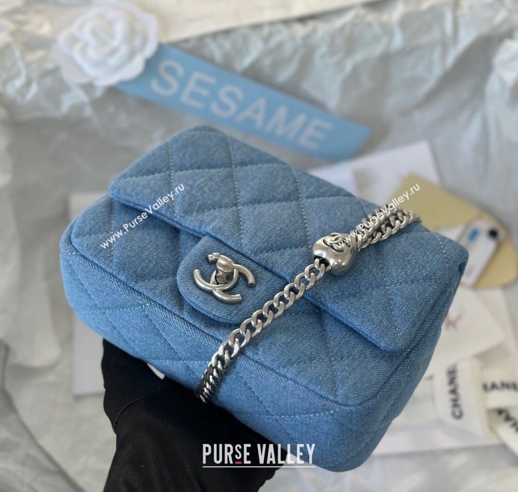 Chanel Washed Denim Mini Square Flap Bag with Heart Chain AS3829 Light Blue 2024 (SM-241209016)