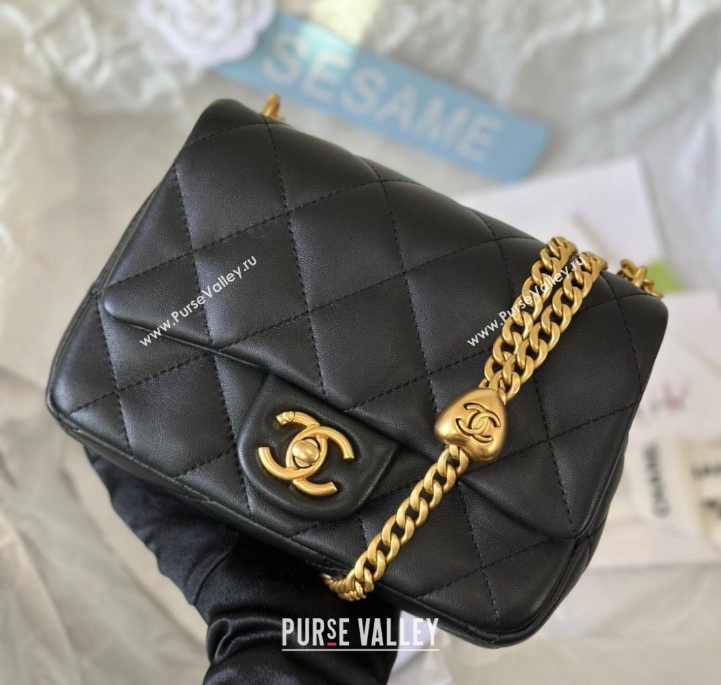 Chanel Lambskin Mini Square Flap Bag with Heart Chain AS3829 Black 2024 (SM-241209017)