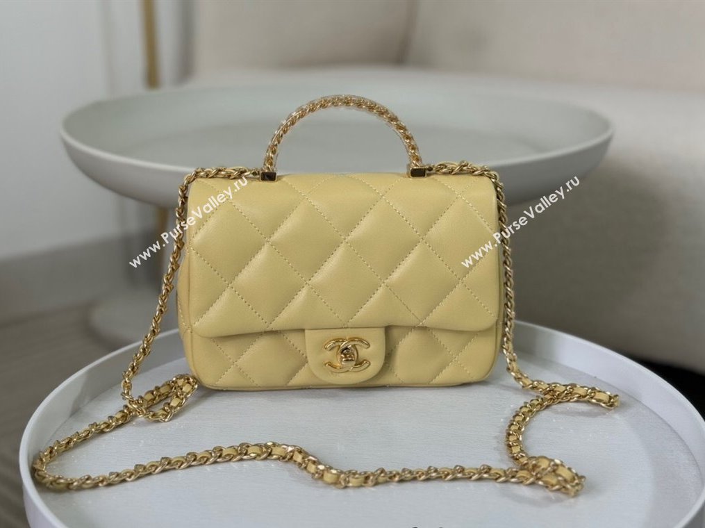 Chanel Lambskin Mini Flap bag with Chain Top Handle AS4848 Yellow 2024 (SM-241209037)