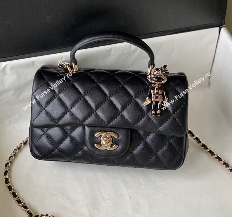 Chanel Lambskin Mini Flap Bag with Chain Top Handle and Charm AS2431 Black 2024 1209 (SM-241209046)