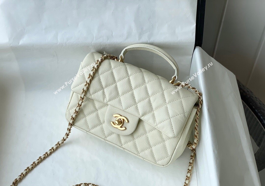 Chanel Grained Calfskin Mini Flap Bag with Chain Top Handle AS2431 White 2024 1209 (SM-241209048)