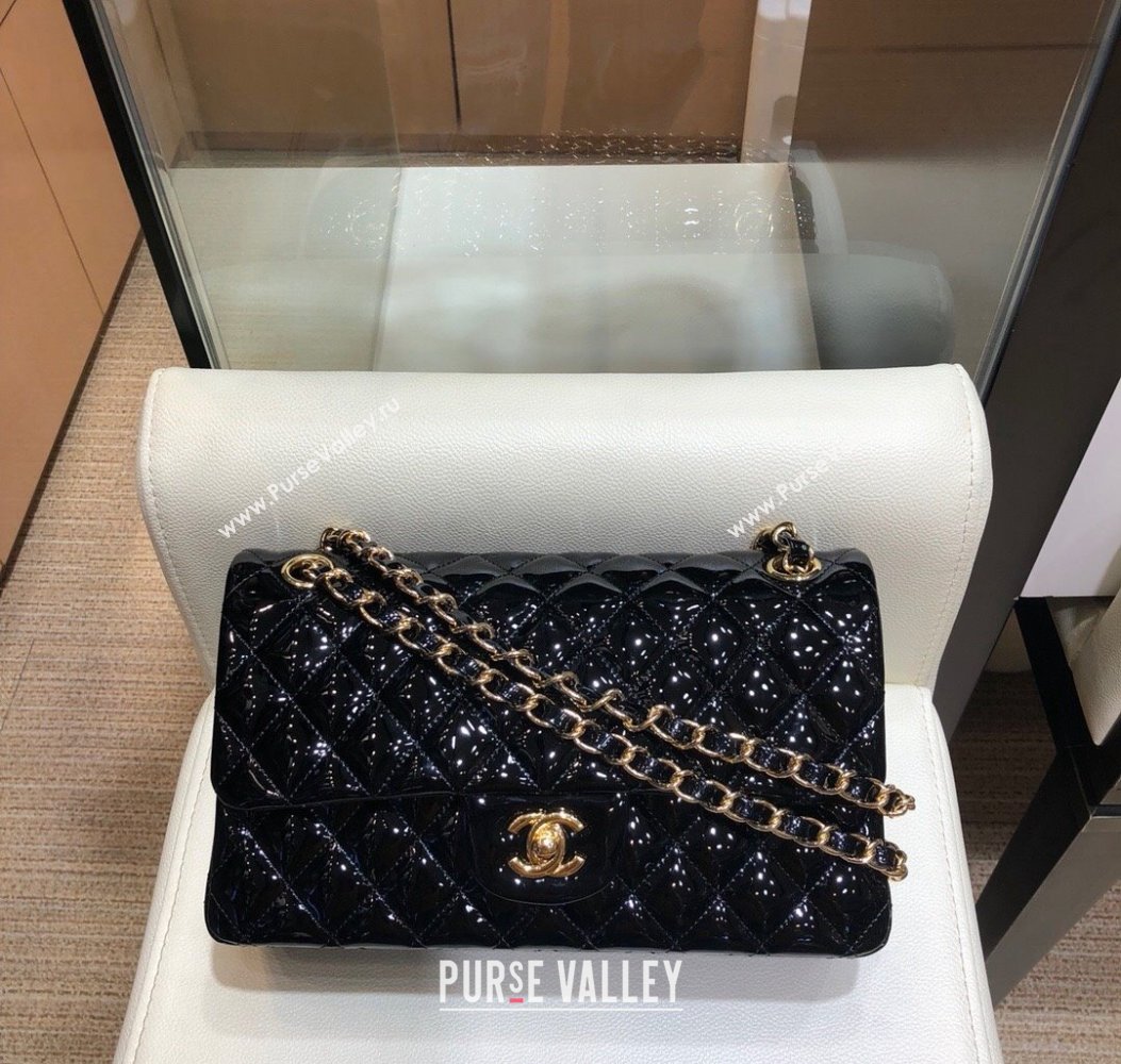 Chanel Patent Calfskin Classic Medium Flap Bag A01112 Black/Gold 2024 1209 (SM-241209052)