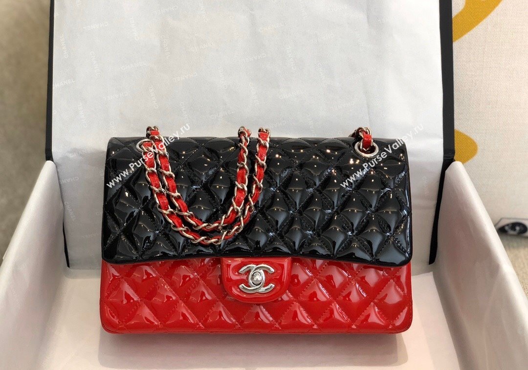 Chanel Patent Calfskin Classic Medium Flap Bag A01112 Black/Red/Silver 2024 1209 (SM-241209054)