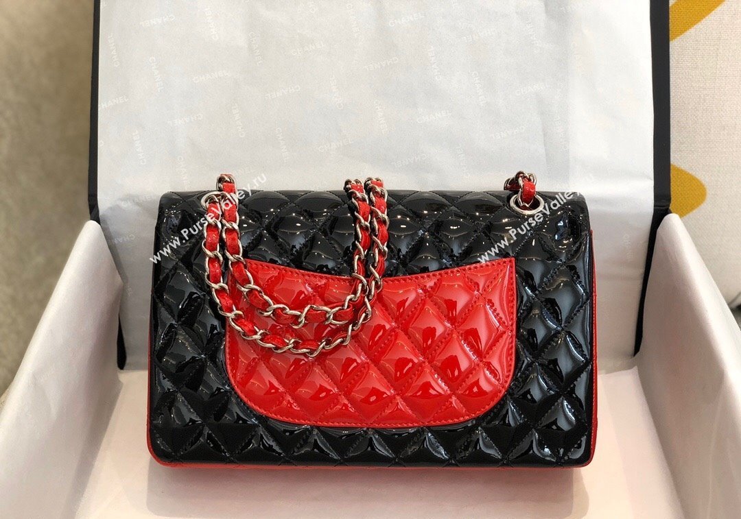 Chanel Patent Calfskin Classic Medium Flap Bag A01112 Black/Red/Silver 2024 1209 (SM-241209054)