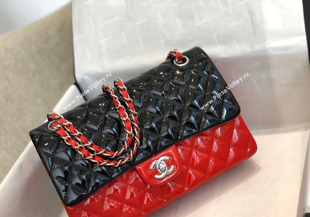 Chanel Patent Calfskin Classic Medium Flap Bag A01112 Black/Red/Silver 2024 1209 (SM-241209054)