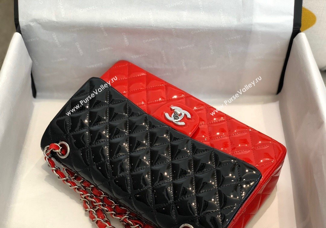 Chanel Patent Calfskin Classic Medium Flap Bag A01112 Black/Red/Silver 2024 1209 (SM-241209054)