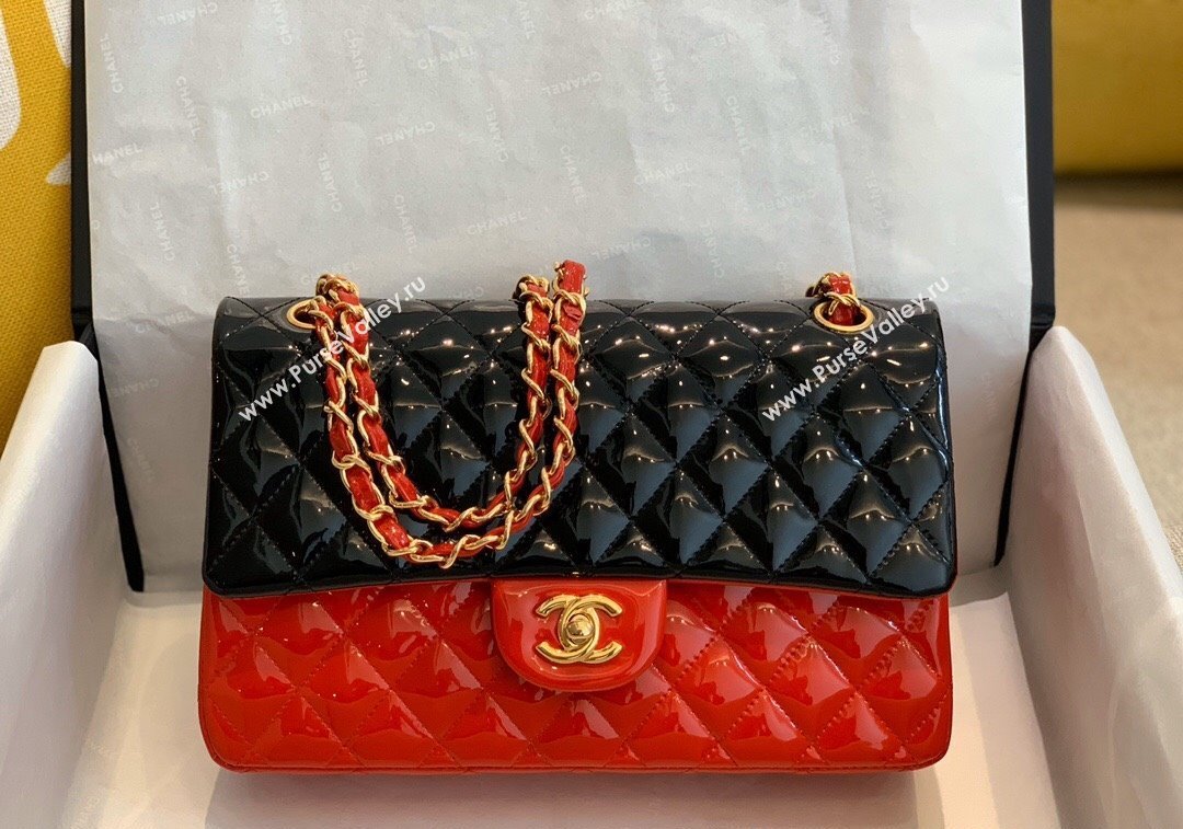 Chanel Patent Calfskin Classic Medium Flap Bag A01112 Black/Red/Gold 2024 1209 (SM-241209055)