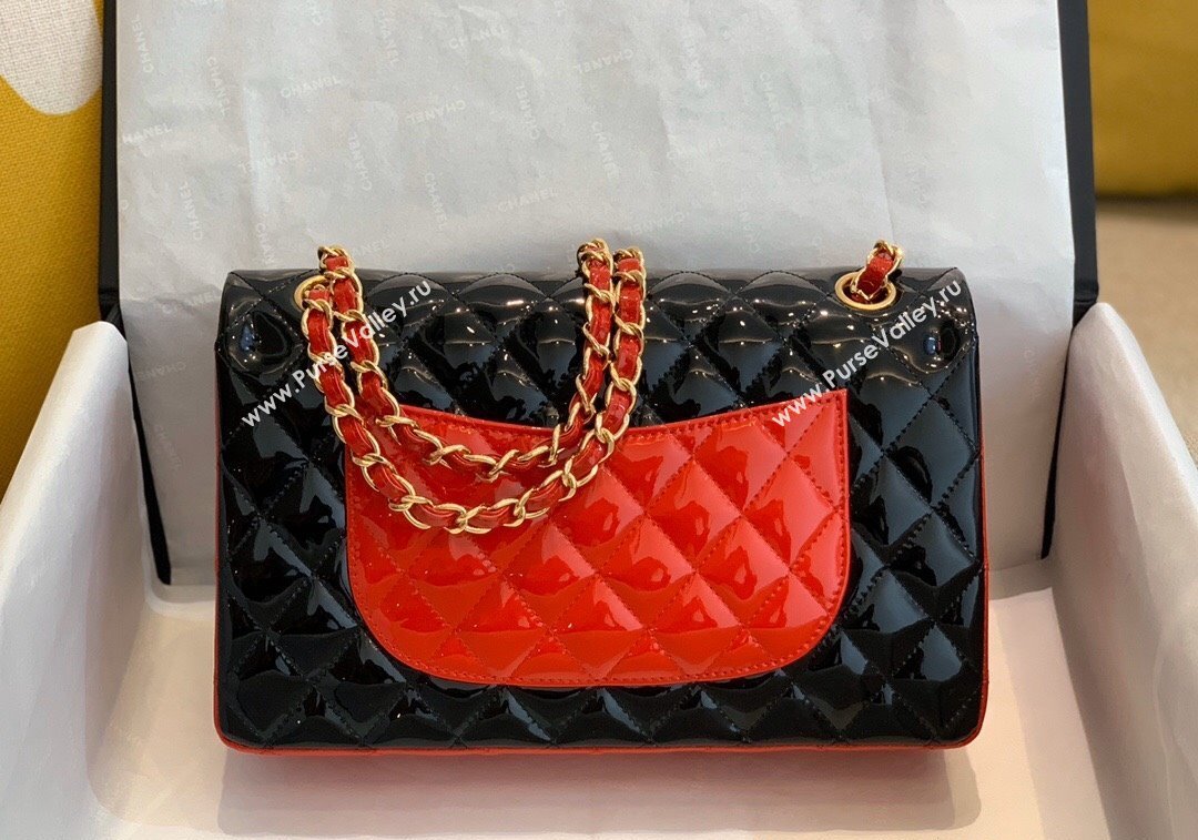 Chanel Patent Calfskin Classic Medium Flap Bag A01112 Black/Red/Gold 2024 1209 (SM-241209055)