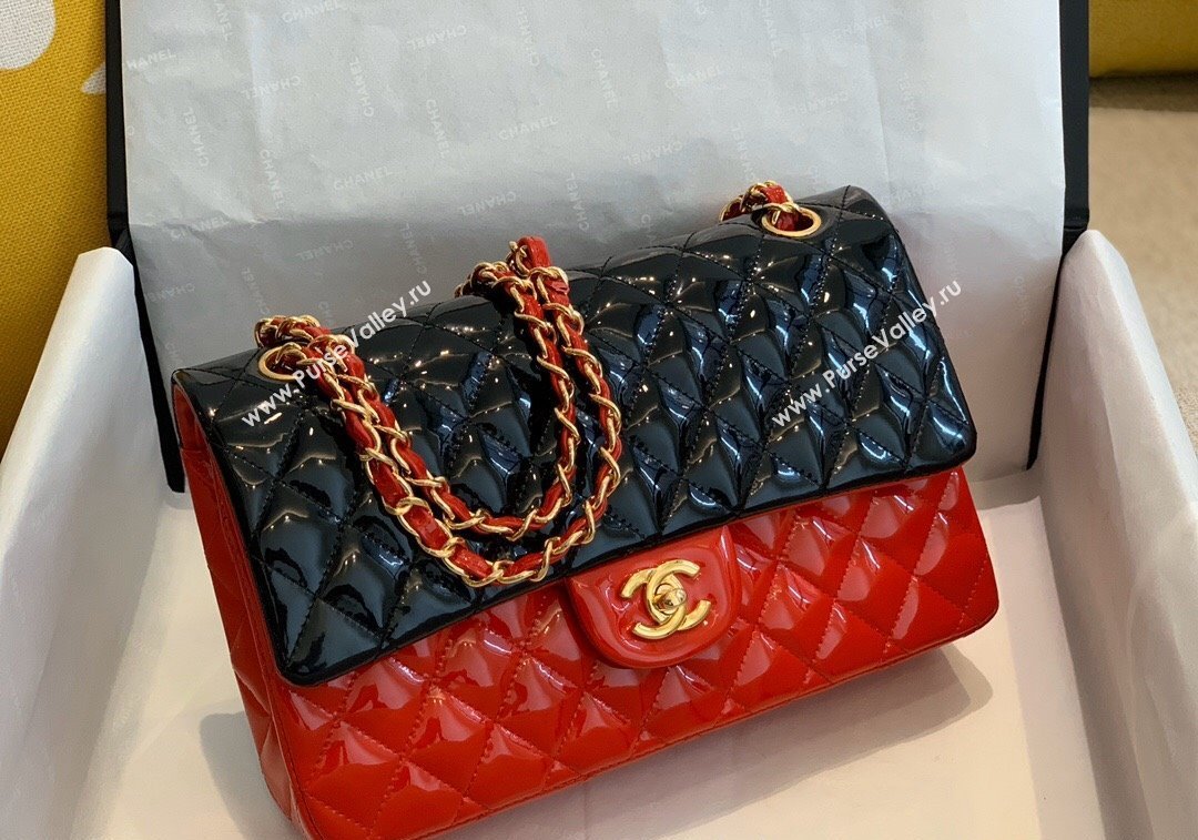 Chanel Patent Calfskin Classic Medium Flap Bag A01112 Black/Red/Gold 2024 1209 (SM-241209055)