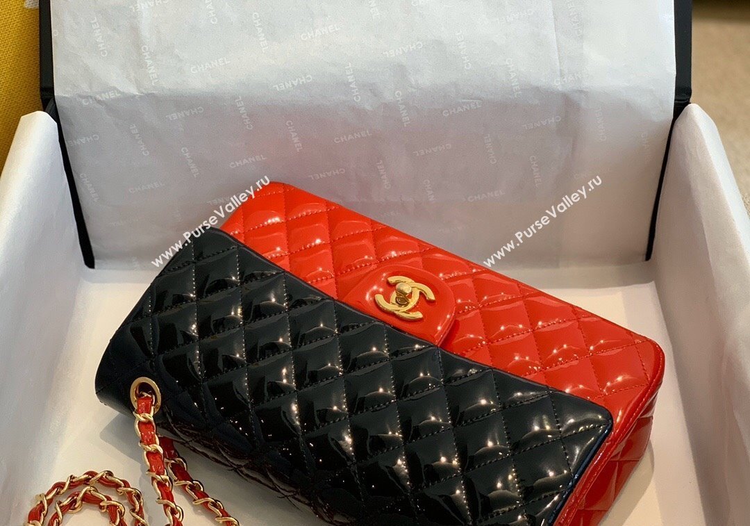 Chanel Patent Calfskin Classic Medium Flap Bag A01112 Black/Red/Gold 2024 1209 (SM-241209055)