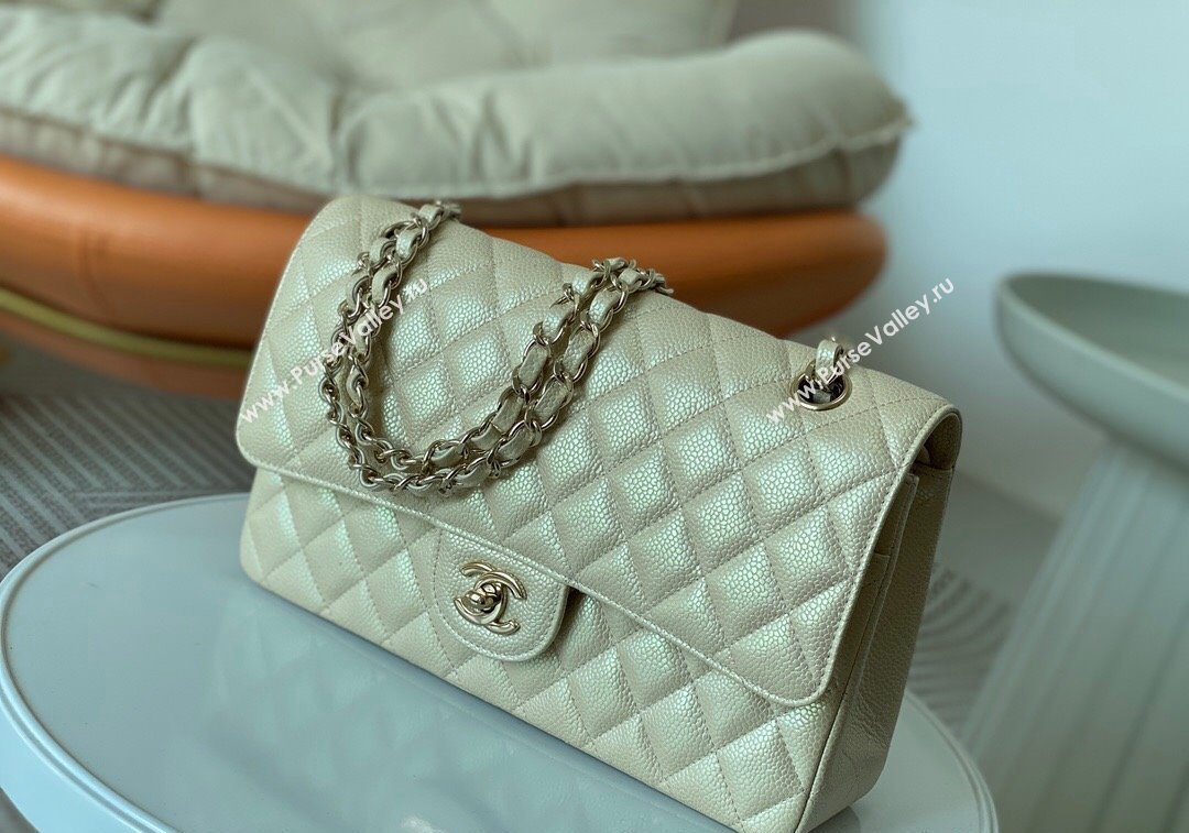 Chanel Grained Calfskin Classic Medium Flap Bag A01112 Pearly Beige 2024 1209 (SM-241209056)