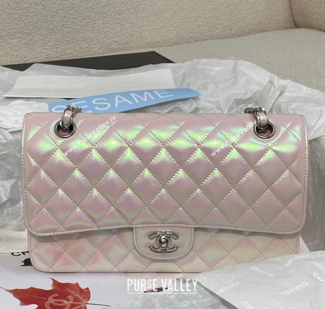 Chanel Grained Calfskin Classic Medium Flap Bag A01112 Pearly Pink/Silver 2024 1209 (SM-241209057)