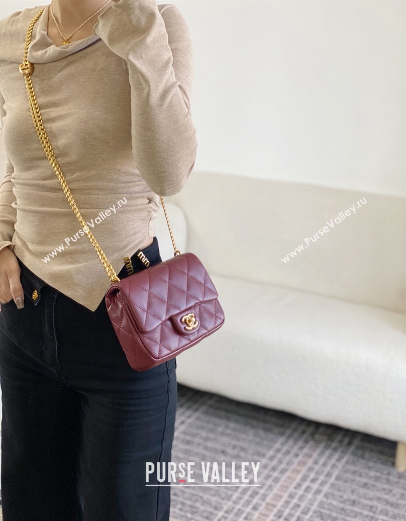 Chanel Lambskin Mini Square Flap Bag with Heart Chain AS3829 Burgundy 2024 (SM-241209020)