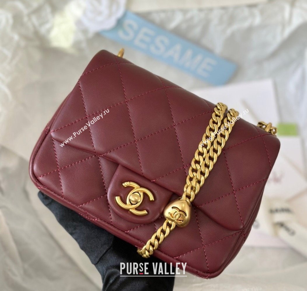 Chanel Lambskin Mini Square Flap Bag with Heart Chain AS3829 Burgundy 2024 (SM-241209020)