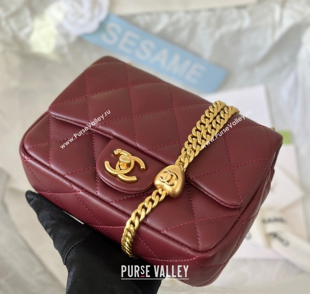 Chanel Lambskin Mini Square Flap Bag with Heart Chain AS3829 Burgundy 2024 (SM-241209020)