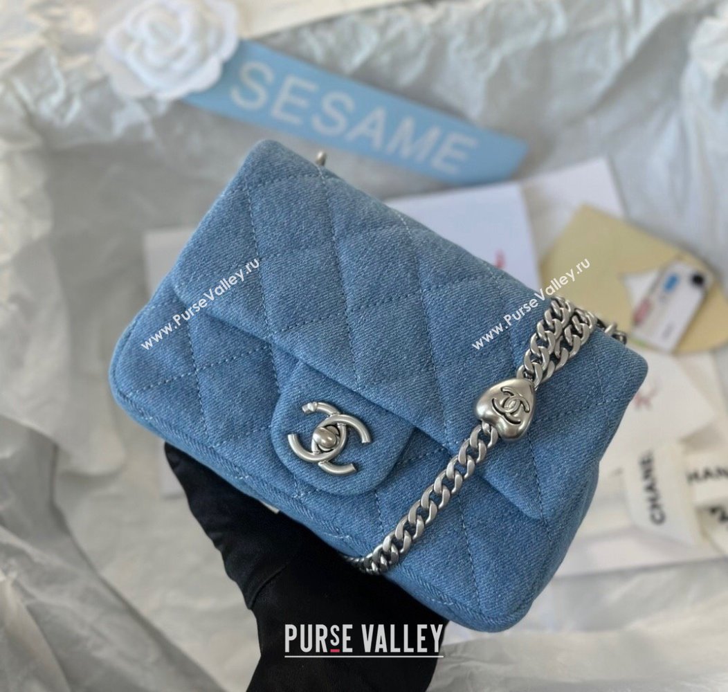 Chanel Washed Denim Mini Flap Bag with Heart Chain AS3828 Light Blue 2024 (SM-241209011)