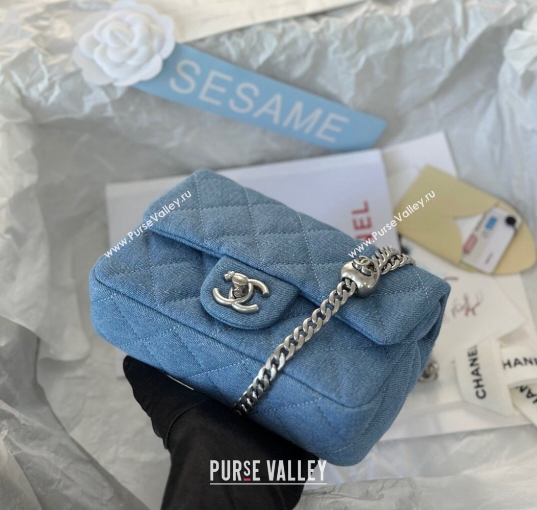 Chanel Washed Denim Mini Flap Bag with Heart Chain AS3828 Light Blue 2024 (SM-241209011)