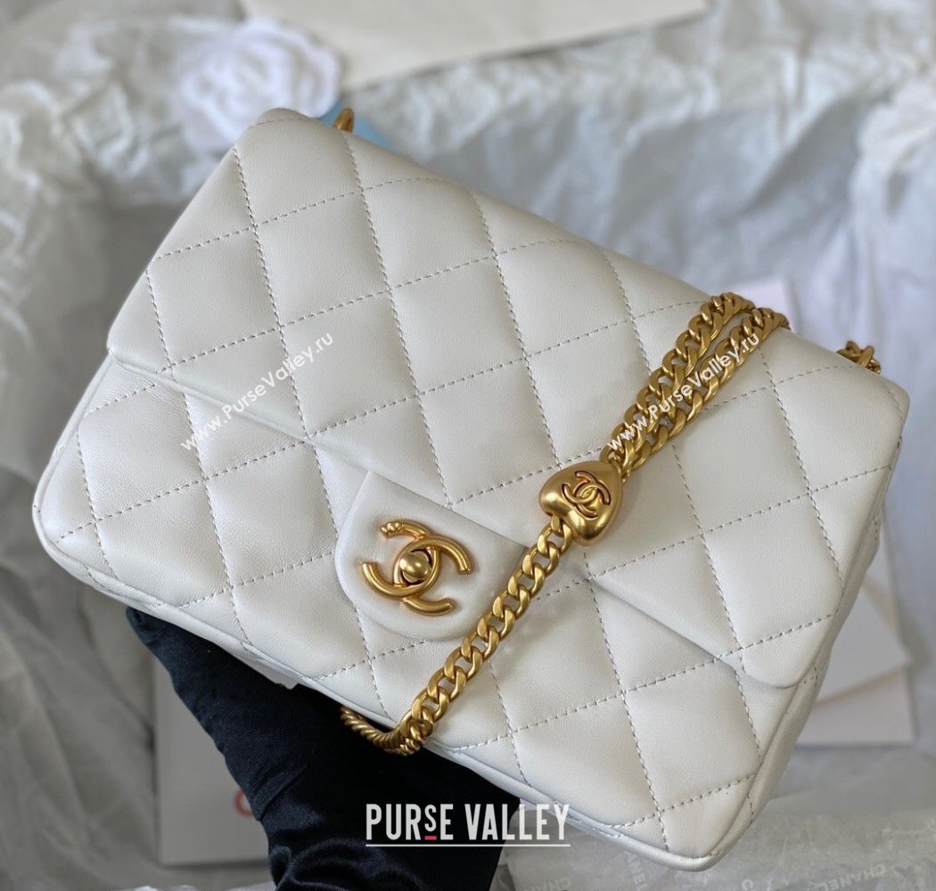 Chanel Lambskin Medium Flap Bag with Heart Chain AS3821 White 2024 (SM-241209023)