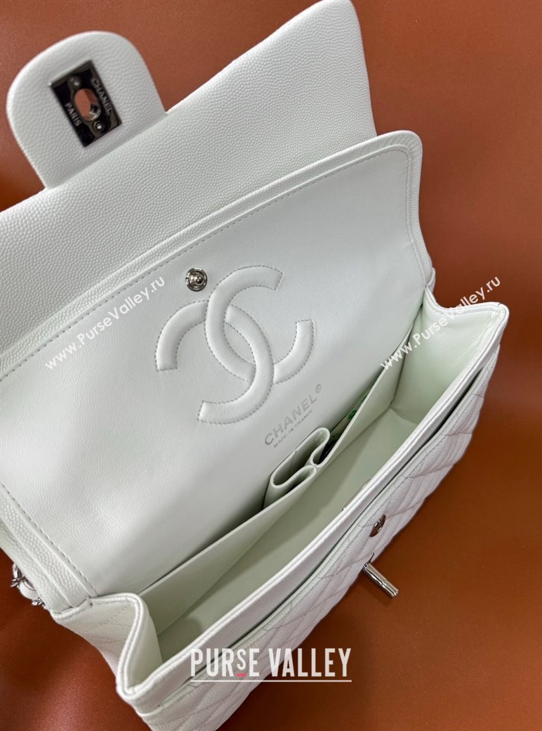 Chanel Classic Grained Calfskin Medium Flap Bag A01112 White/Silver 2024 1209 (YD-241209004)