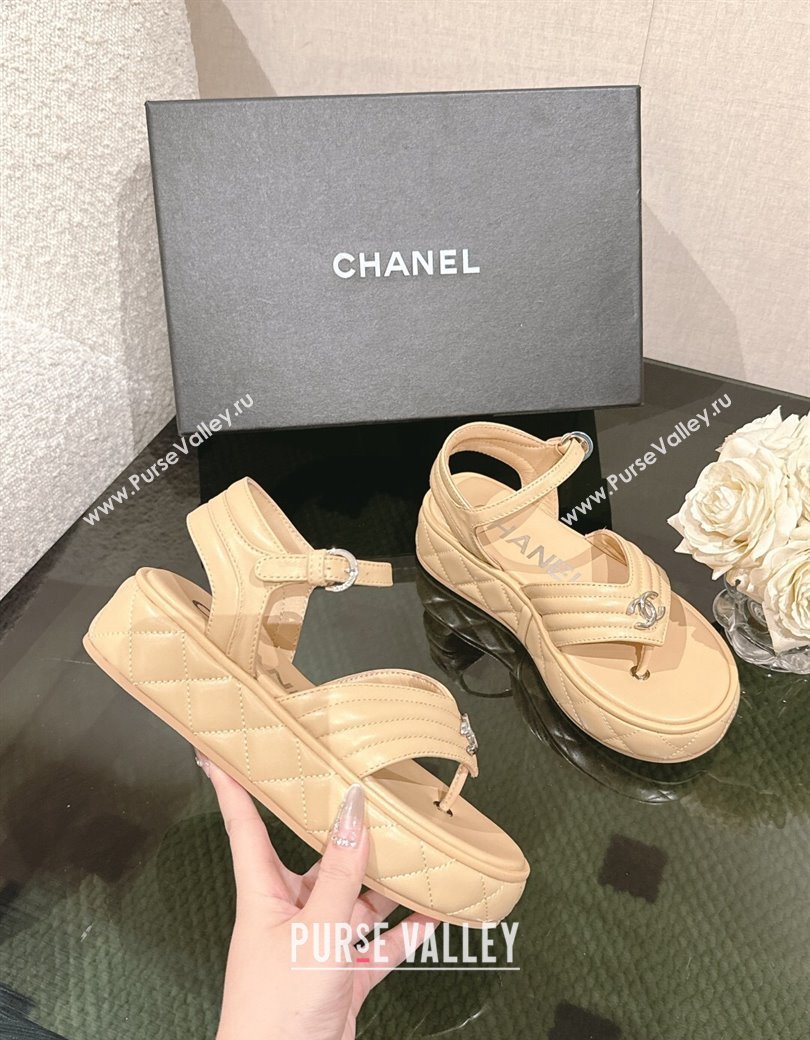 Chanel Chevron Lambskin Platform Thong Sandals 4.5cm Beige 2024 G46108 (MD-250102130)