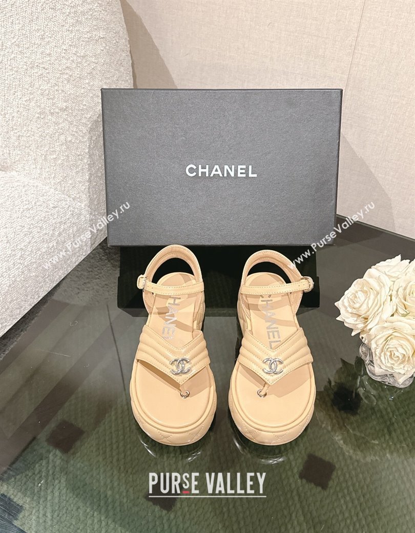 Chanel Chevron Lambskin Platform Thong Sandals 4.5cm Beige 2024 G46108 (MD-250102130)