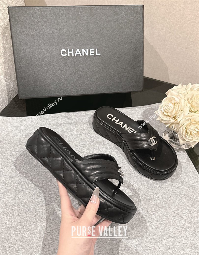 Chanel Chevron Lambskin Platform Thong Slides Sandal 4.5cm Black 2024 G46108 (MD-250102132)