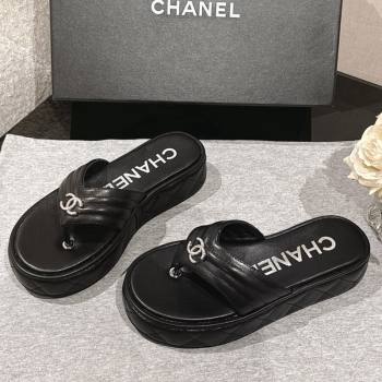 Chanel Chevron Lambskin Platform Thong Slides Sandal 4.5cm Black 2024 G46108 (MD-250102132)