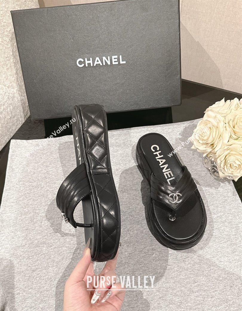 Chanel Chevron Lambskin Platform Thong Slides Sandal 4.5cm Black 2024 G46108 (MD-250102132)