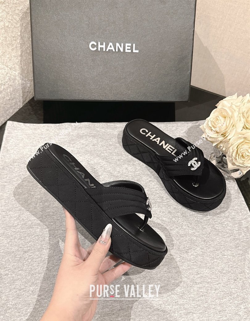 Chanel Chevron Grosgrain Platform Thong Slides Sandal 4.5cm Black 2024 G46108 (MD-250102134)