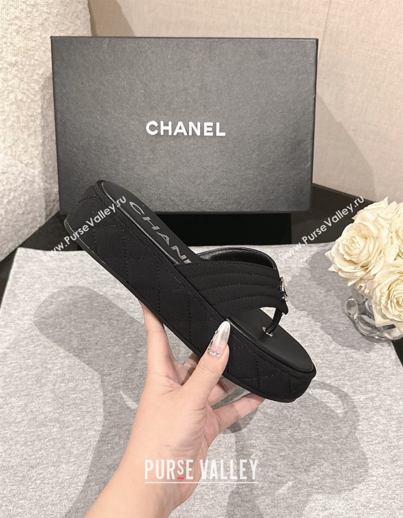 Chanel Chevron Grosgrain Platform Thong Slides Sandal 4.5cm Black 2024 G46108 (MD-250102134)