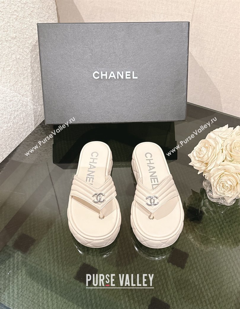 Chanel Chevron Lambskin Platform Thong Slides Sandal 4.5cm Pale Grey 2024 G46108 (MD-250102135)