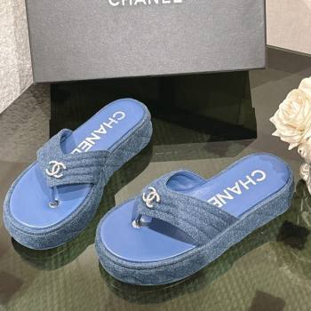 Chanel Chevron Denim Platform Thong Slides Sandal 4.5cm Blue 2024 G46108 (MD-250102137)