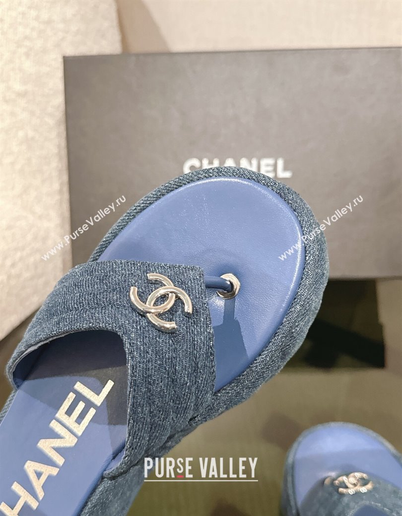 Chanel Chevron Denim Platform Thong Slides Sandal 4.5cm Blue 2024 G46108 (MD-250102137)